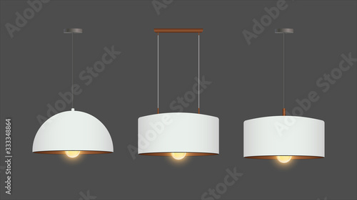 Vector set of realistic white chandeliers. Chandelier is on. Loft style. Interior design element.