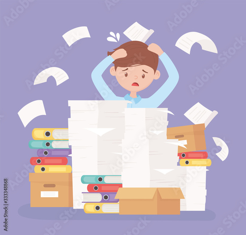 stressed businessman frustration office work pile paper
