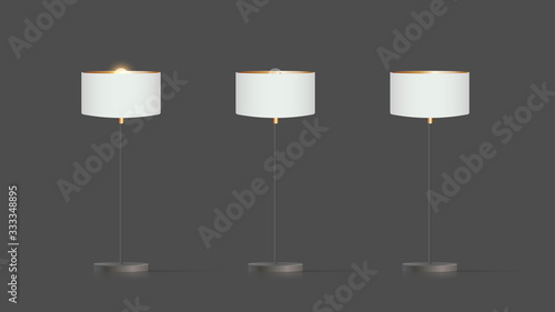 Decorative floor lamp. Original model with a white silk lampshade and a metal leg. For living room, bedroom, study and office. Vector illustration on a gray background.