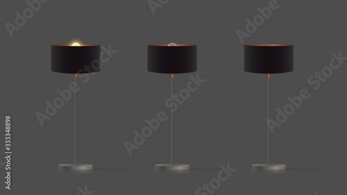 ЛDecorative floor lamp. Original model with a black silk lampshade and a metal leg. For living room, bedroom, study and office. Vector illustration on a gray background.