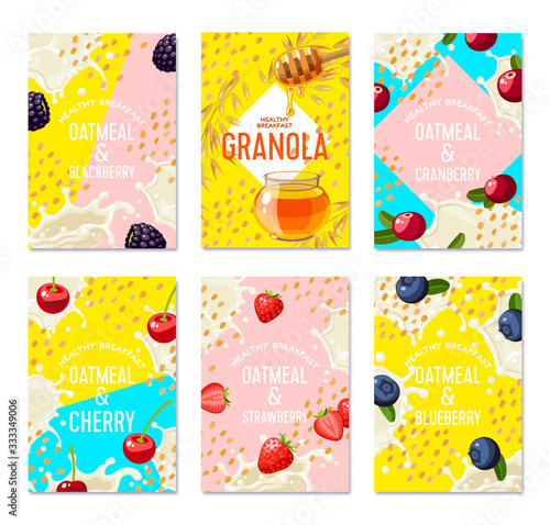 Set of packaging label design templates for granola bar, oatmeal cereal with berries. Colorful vector cartoon illustration.