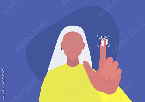 Fingerprint access, new technologies, young female character scanning their finger
