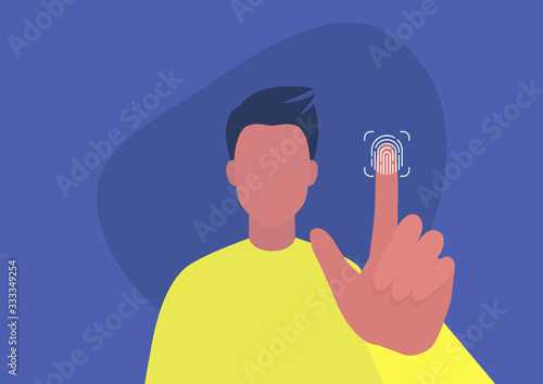 Fingerprint access, new technologies, young male character scanning their finger