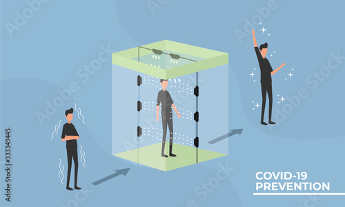 The disinfection chamber is very easy to use, simply enter it, turn on the switch and rotate your body 360 degrees as disinfectant is sprayed inside. reduce the spread of coronavirus. isometric vector
