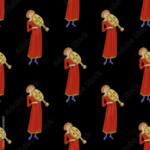 Seamless vintage pattern with medieval musician playing violin.