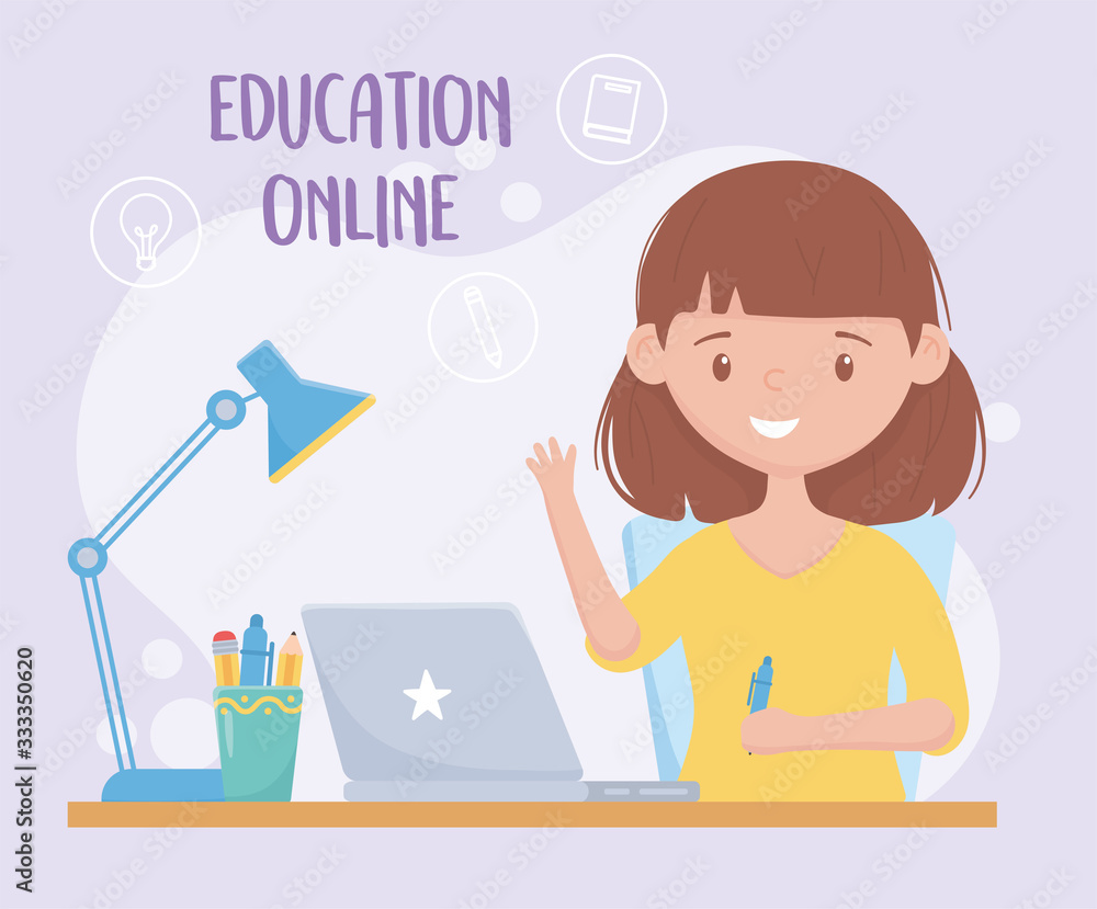 education online student girl with pen laptop and stationery supplies education online student girl with pen laptop and stationery supplies