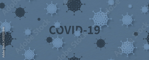 Closeup and crop virus symbols with a shot name of the new corona virus on dark blue background and in paper cut style and seamless design.