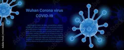 Closeup and crop symbols of virus in neon blue with 3d style and name of the new corona virus, example texts on virus symbols pattern and dark blue background.