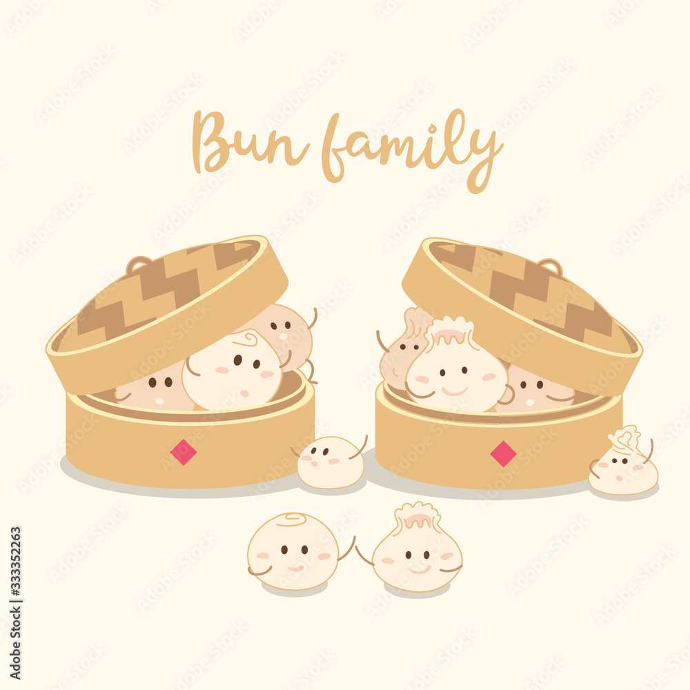 Hand drawn cute Bun and bamboo steamer. Vector Bun and Dumplings character design. Hand drawn cute Bun and bamboo steamer. Vector Bun and Dumplings character design.