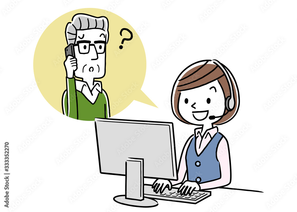 Stock illustration: call center, senior man talking with operator woman Stock illustration: call center, senior man talking with operator woman