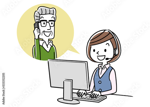 Stock illustration: call center, senior man talking with operator woman