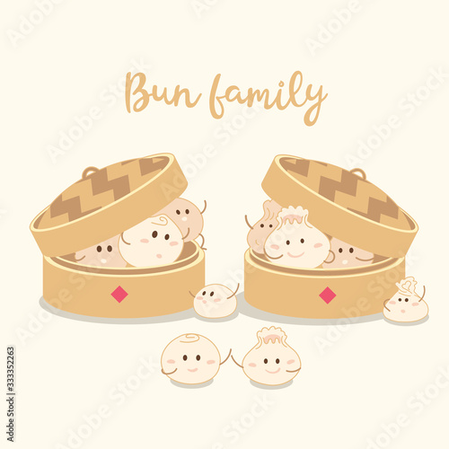 Hand drawn cute Bun and bamboo steamer. Vector Bun and Dumplings character design.