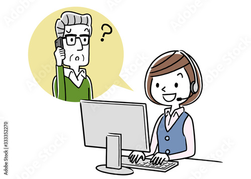 Stock illustration: call center, senior man talking with operator woman