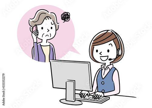 Stock illustration: call center, senior woman talking with operator woman  