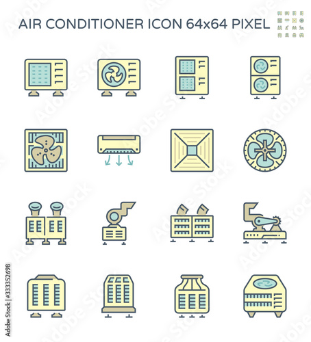 Air conditioner icon i.e. air compressor, condenser unit, ventilation, duct, cooling tower and chiller. That is a part of HVAC system to remove heat and moisture, temperature and humidity control.