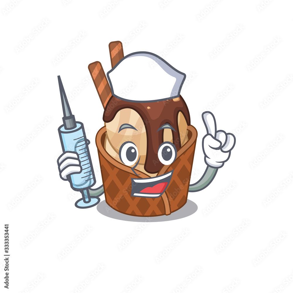 Friendly nurse of coffee ice cream mascot design holding syringe