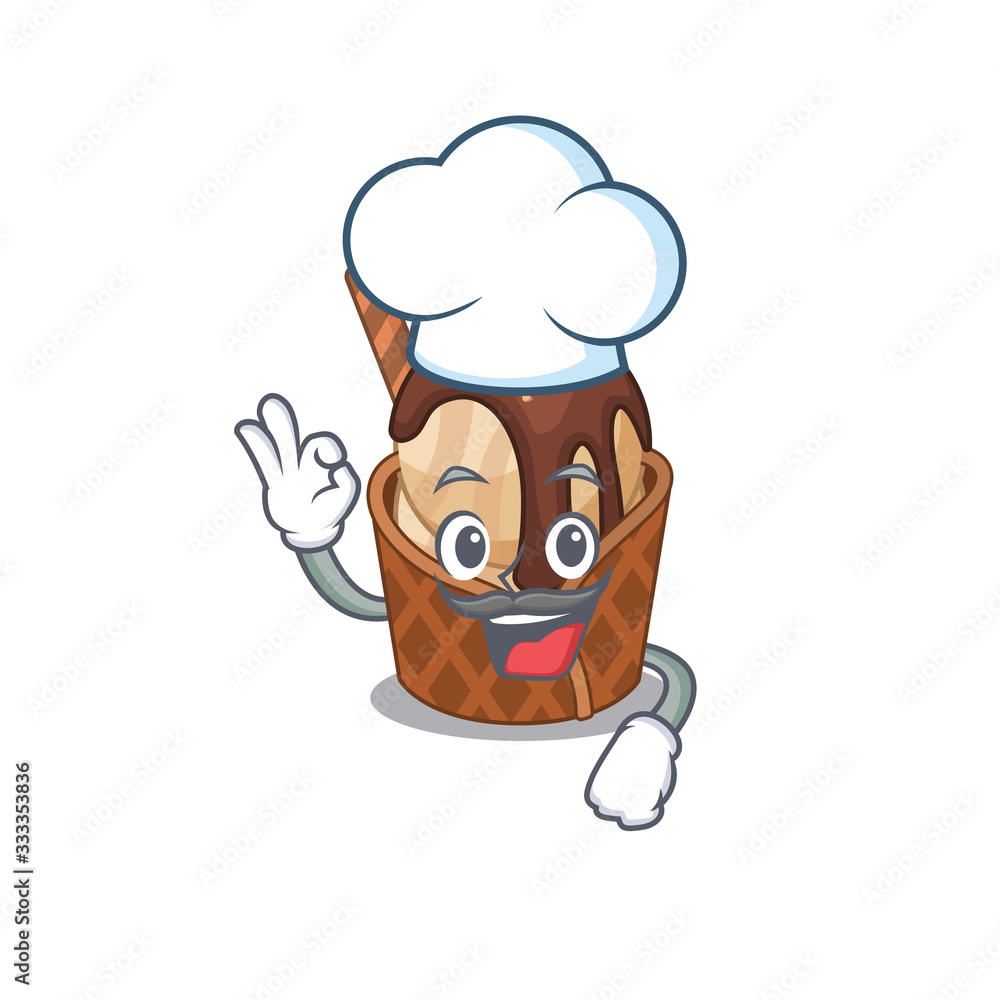 Cute coffee ice cream cartoon character wearing white chef hat Cute coffee ice cream cartoon character wearing white chef hat