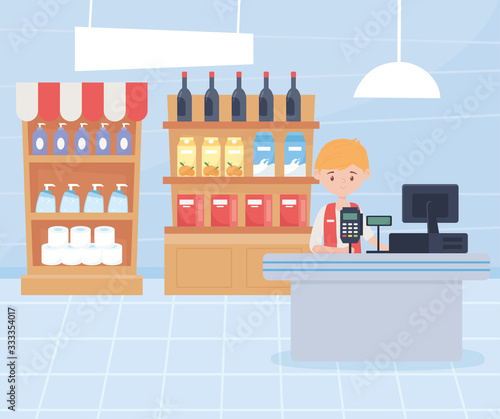 man cashier shelves with products cleaning and food excess purchase