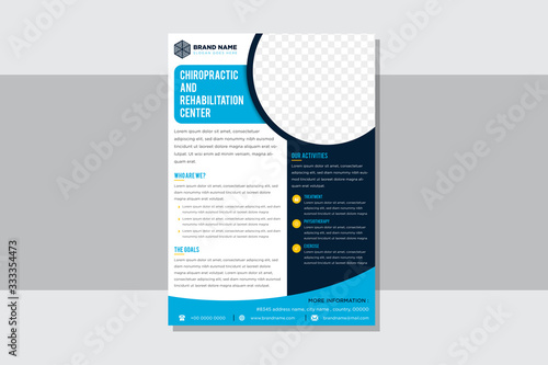Template vector design for chiropractic and rehabilitation center Brochure with modern layout use light and dark blue color size A4 at element design. Circle space for photo, Easy to use and edit.
