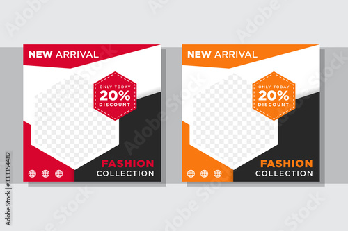 Modern and Unique Editable Social Media Banner Template for Promotion Digital Marketing. Square Web layout with hexagon space for photo and discount. Combination orange, black, red and white colors.
