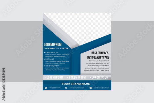 Abstract modern banner design template. Business Cover use combination Flat blue and grey color. chiropractic care center vertical layout, easy editable vector with triangle space for photo. 
