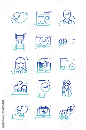 online health, medical assistance support consultation icon set covid 19 pandemic gradient line icon