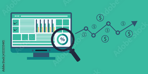 market business research strategy, data analysis development banner in flat vector concept