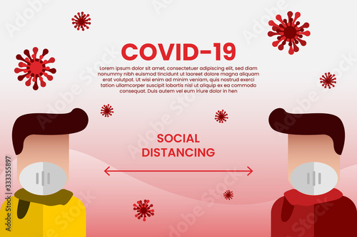 Covid-19 (Coronavirus or 2019-ncov) in red flat style design background with social distancing or physical distancing. premium vector EPS10