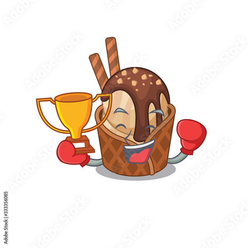 Happy face of boxing winner coffee ice cream in mascot design style