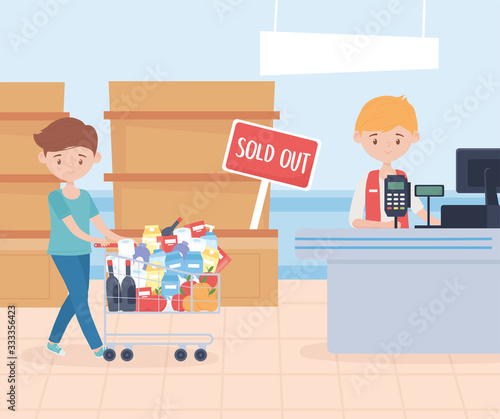 seller and customer man with cart market food excess purchase