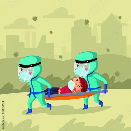 Medical worker wear hazmat suit is carrying covid19 patient vector illustration
