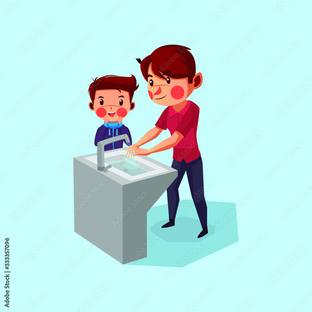 Father teach his son to wash his hand properly to avoid covid19 Father teach his son to wash his hand properly to avoid covid19