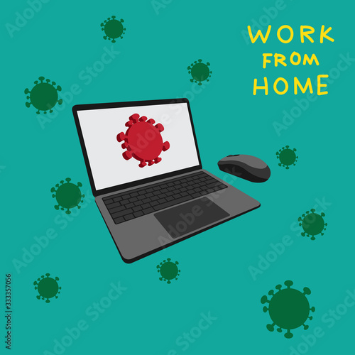 Computer notebook and symbol of virus corona on green background. Concept of work at home for prevents infection.