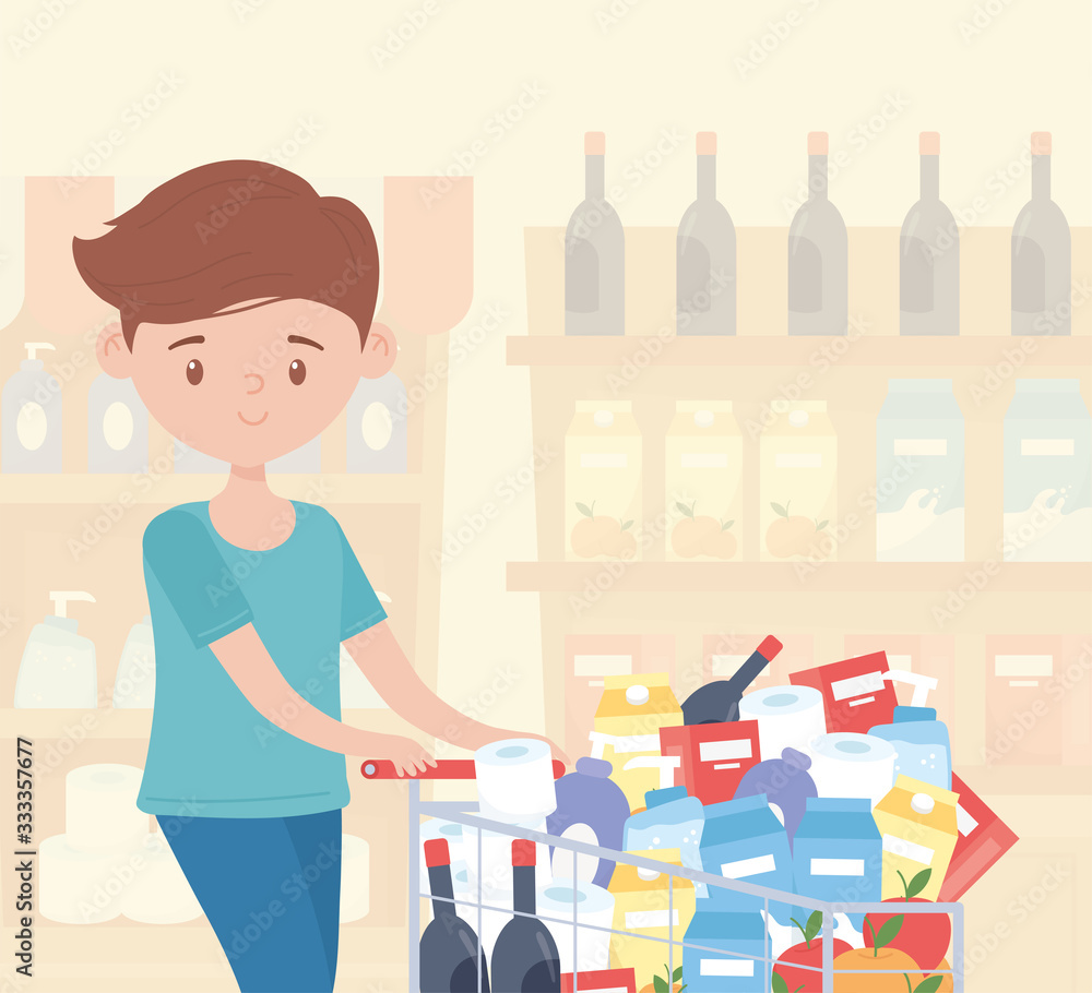 man cartoon with full cart in supermarket food excess purchase man cartoon with full cart in supermarket food excess purchase