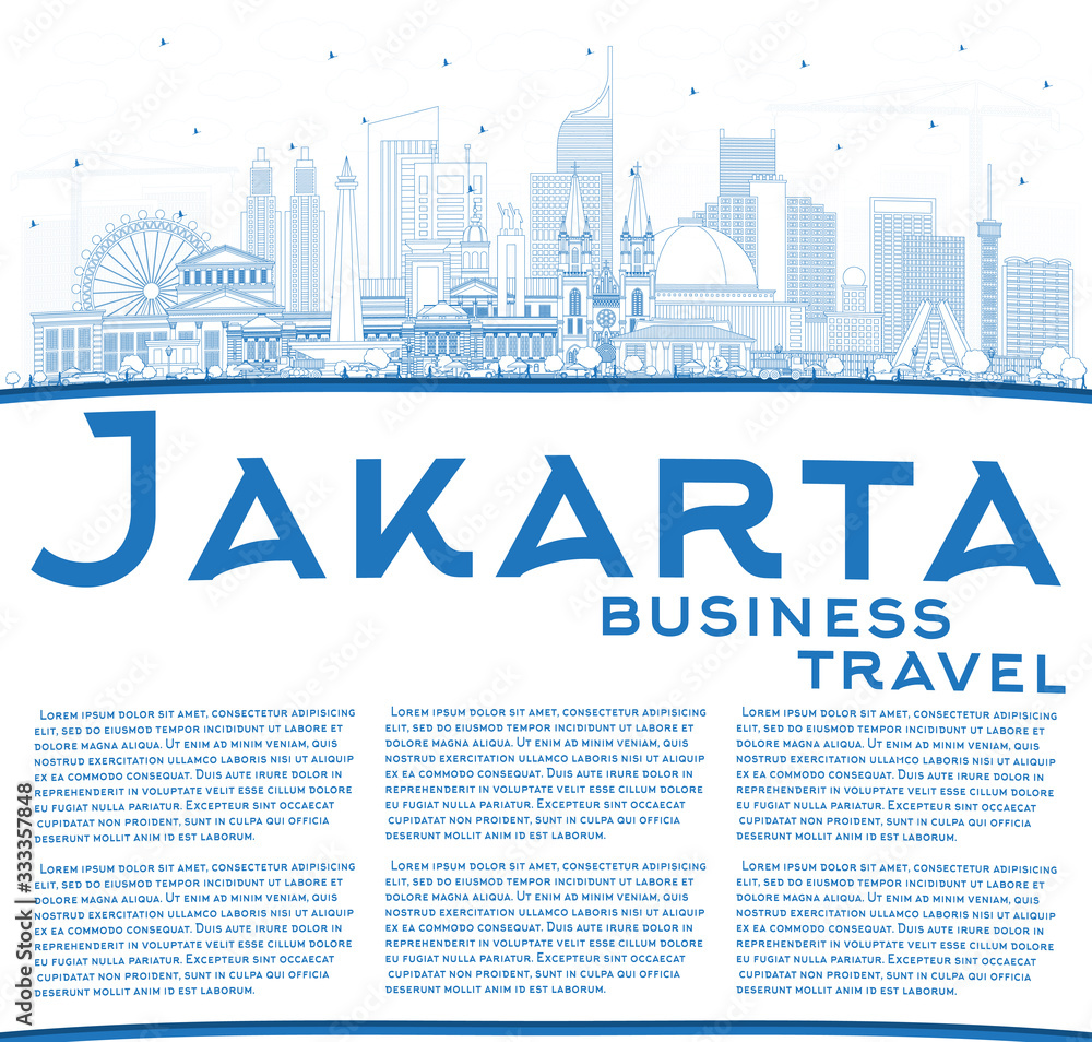 Outline Jakarta Indonesia City Skyline with Blue Buildings and Copy Space.