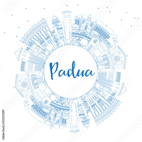 Obraz na plátně Outline Padua Italy City Skyline with Blue Buildings and Copy Space