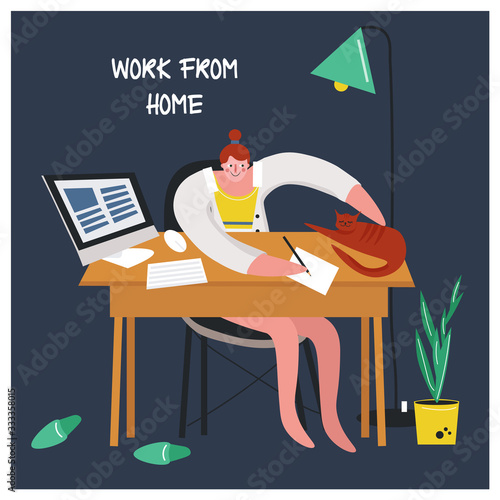 Cute vector illustration with a girl working from home