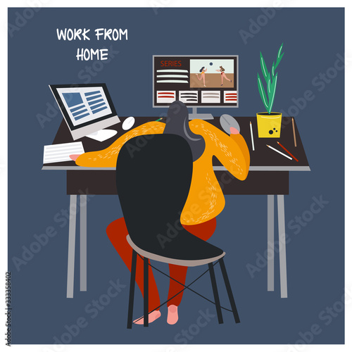 Bright vector illustration with a girl who works and watches the series