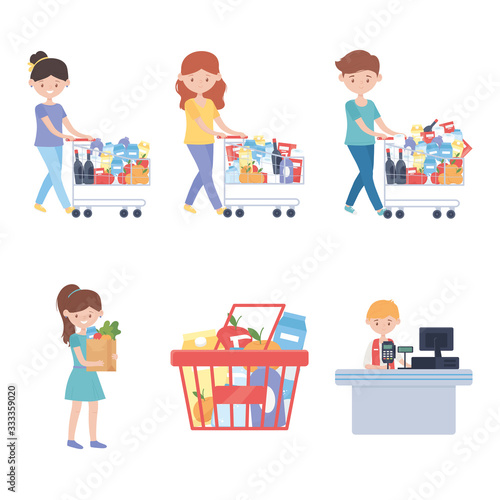 seller cashier and customers with carts and food that excess purchase