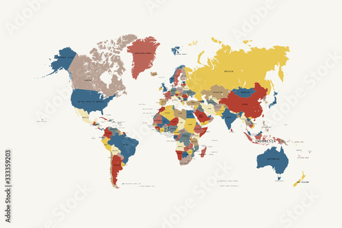 Coloured world map. colourful world countries and countries names. vector illustration.