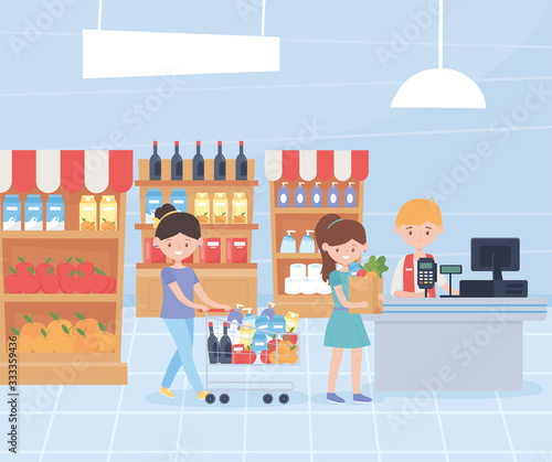 women with purchaise cart and bag and seller man food excess purchase