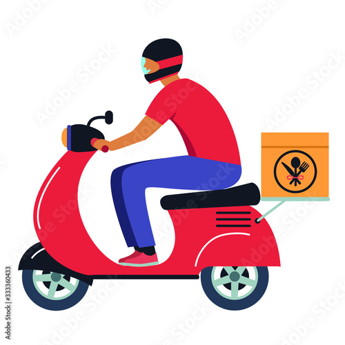 delivery man on red motorbike vector image. fast food courier on a moped flat style illustration