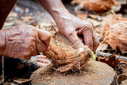 Hands peeling coconut,Brown lifestyle