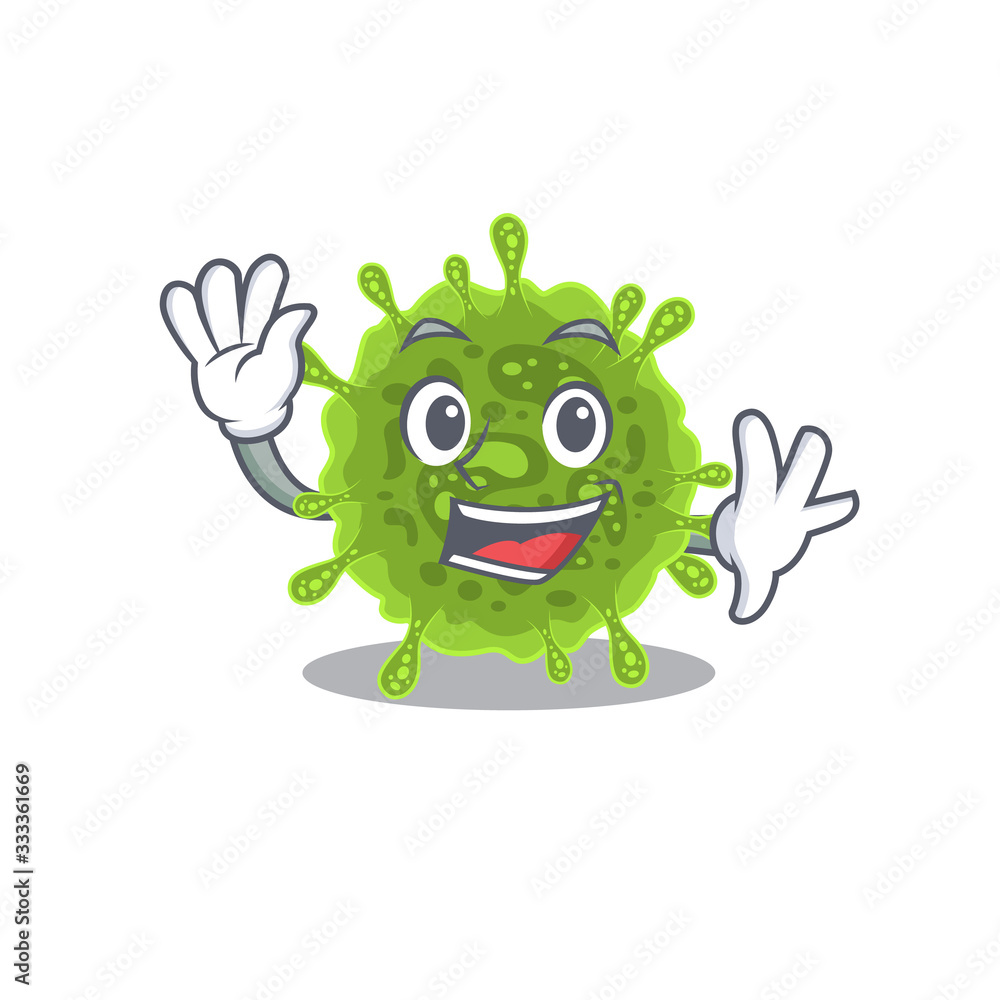 Fototapeta premium Smiley coronavirus cartoon mascot design with waving hand