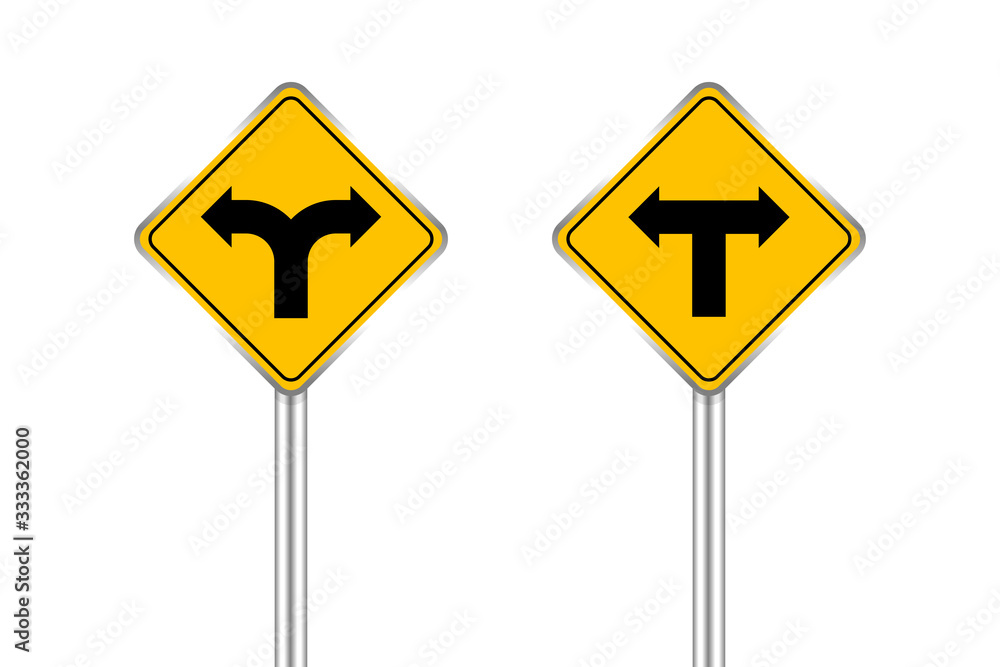 road sign black arrow pointing left and right, traffic road sign yellow isolated on white, yellow traffic sign for left and right, warning caution sign and steel pole for direction signpost the way road sign black arrow pointing left and right, traffic road sign yellow isolated on white, yellow traffic sign for left and right, warning caution sign and steel pole for direction signpost the way