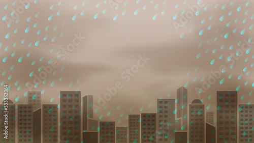 rainy storm dark and landscape building background, acid rain pollution, rainy storm and copy space, raindrop in dark sky and air misty climate polluted, monsoon storm for ecological disaster concept