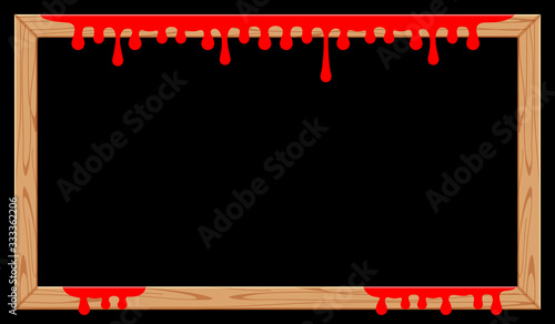 wooden frame with red blood drips and black for copy space, halloween background, red blood dripping on the wood frame for banner, halloween red bleed stain drips, dripping blood, bleeding bloody drop