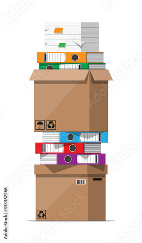 Pile of paper documents, file folders and cardboard boxes. Huge paperwork and bureaucracy, big data concept. Unorganized messy stack of papers and office work. Flat vector illustration