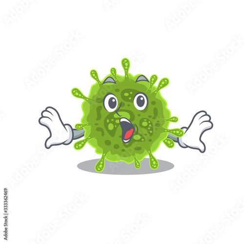 A cartoon character of coronavirus making a surprised gesture