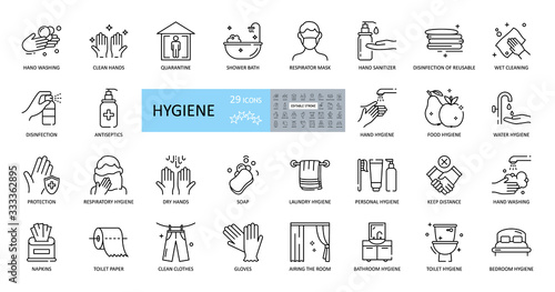Hygiene icons. Set of 29 images with editable stroke. Includes hygiene of hands, body, premises, clothing, bedding. Hand washing with soap, shower, respiratory mask, antiseptic, quarantine, distance photo